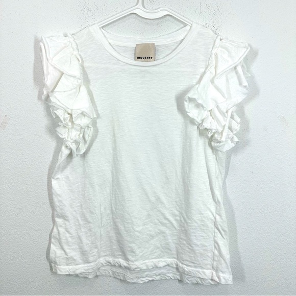 Industry 100% Pima Cotton Ruffle Flutter Sleeve Blouse Crisp White Casual Top - Picture 1 of 5